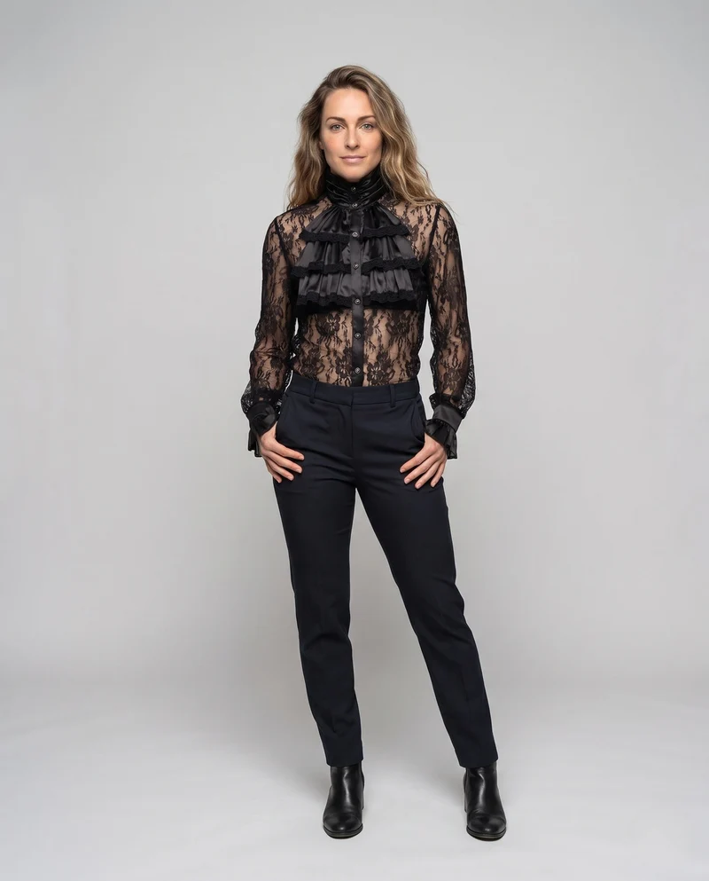 Damen elegante Rüsch Bluse mit Stehkragen und feinen Knopfdetails Nord Taschen