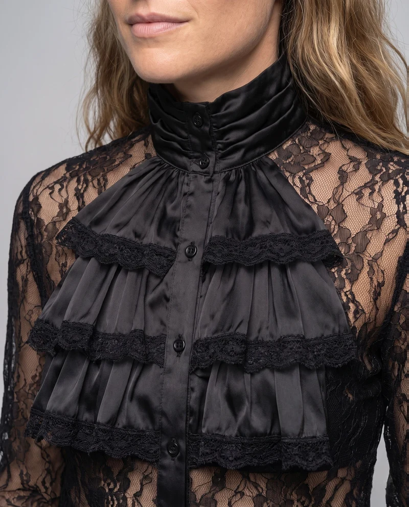 Damen elegante Rüsch Bluse mit Stehkragen und feinen Knopfdetails Nord Taschen