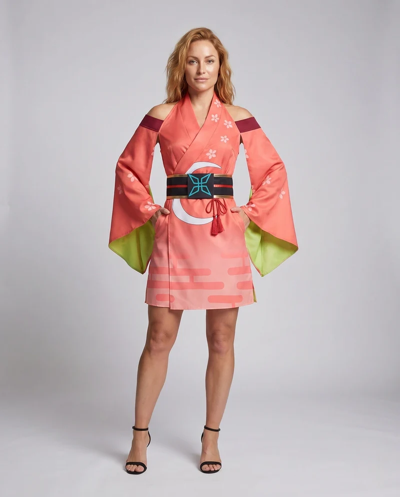 Damen traditionelle Kimono-Kleid mit blühenden Akzenten und fließenden Ärmeln Nord Taschen