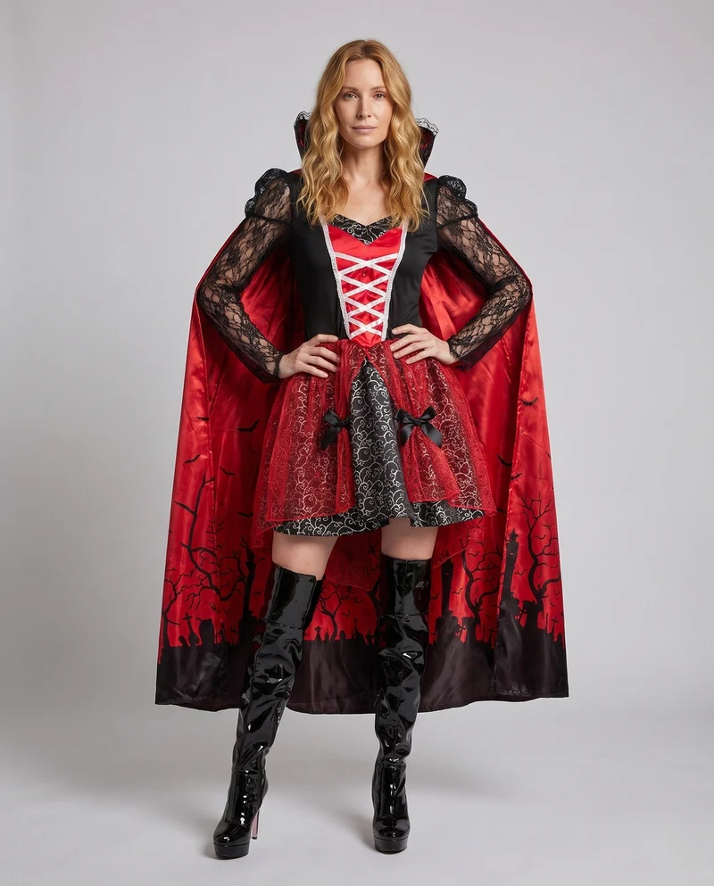 Damen Vampirkostüm mit Kapuze, Spitzenärmeln und glänzendem Rock Nord Taschen