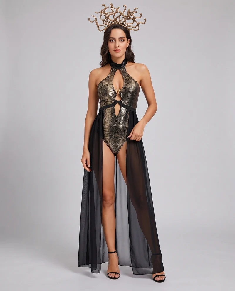 Frauen verführerisches Lederkleid mit fließendem Tüll und Statement-Kragen Nord Taschen