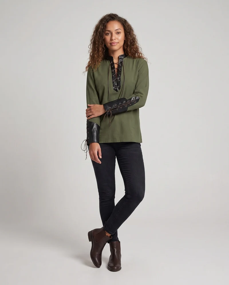 Damen Langarmshirt mit aufwendiger Schnürung und dekorativen Lederakzenten Nord Taschen
