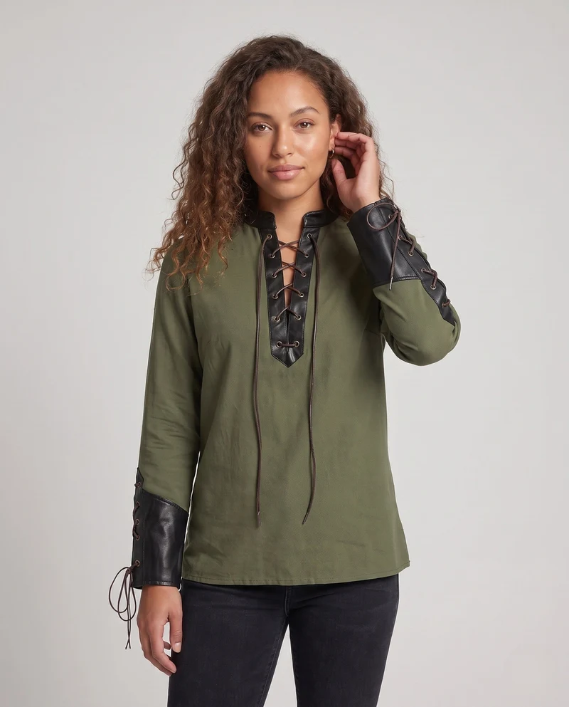 Damen Langarmshirt mit aufwendiger Schnürung und dekorativen Lederakzenten Nord Taschen