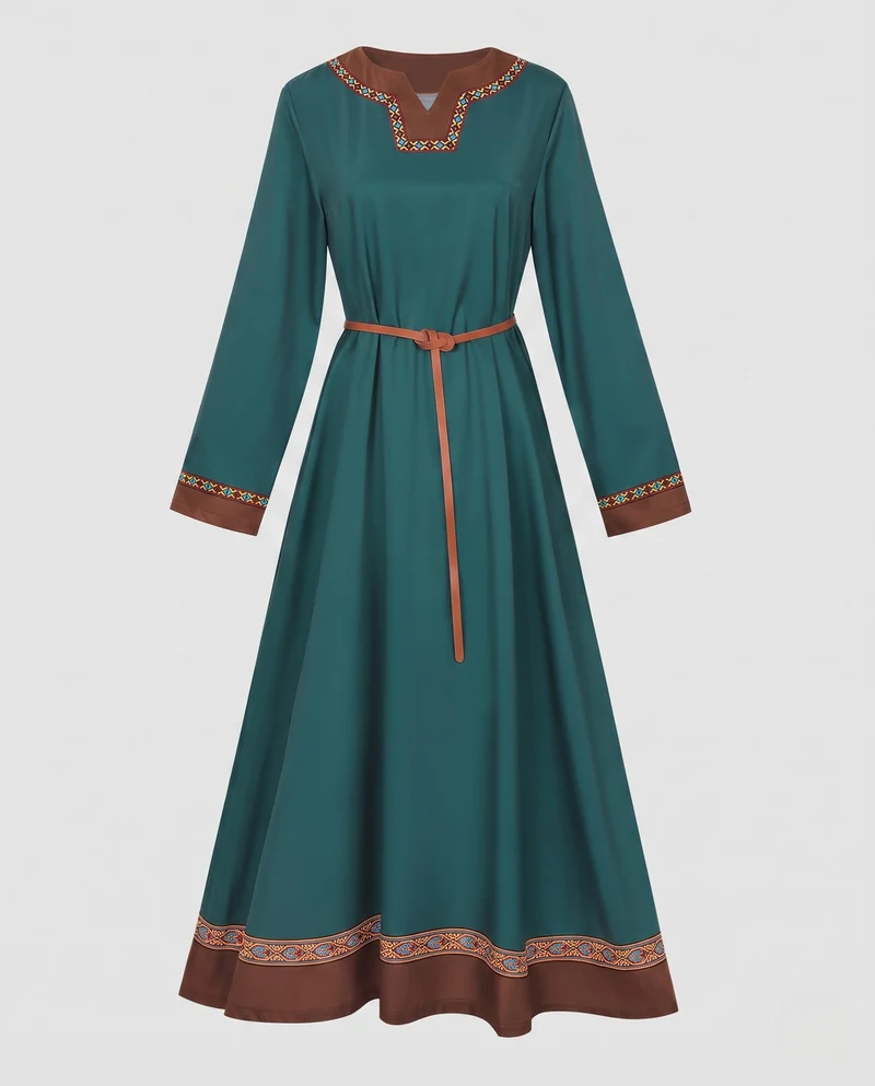 Damen elegantes Maxikleid mit ethnischen Verzierungen und Bindegürtel Nord Taschen