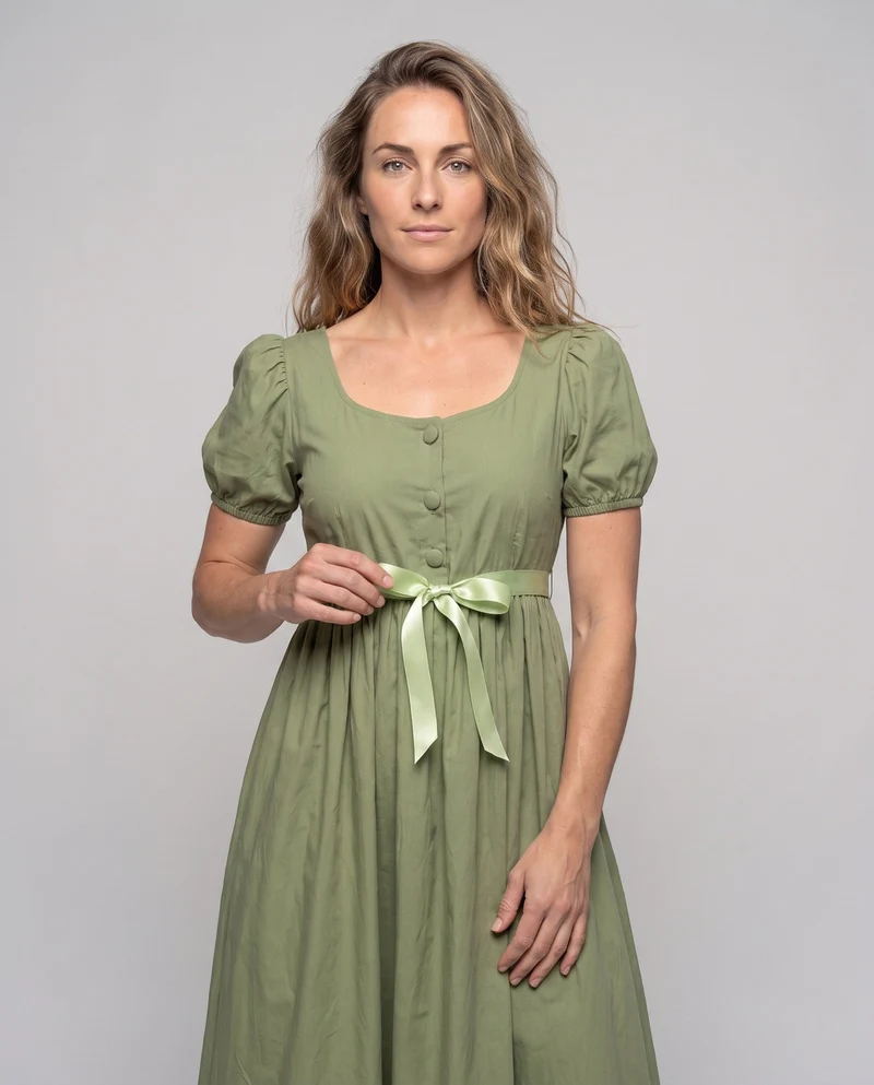 Frauen elegantes Maxi-Kleid mit Puffärmeln und passendem Gürtel Nord Taschen