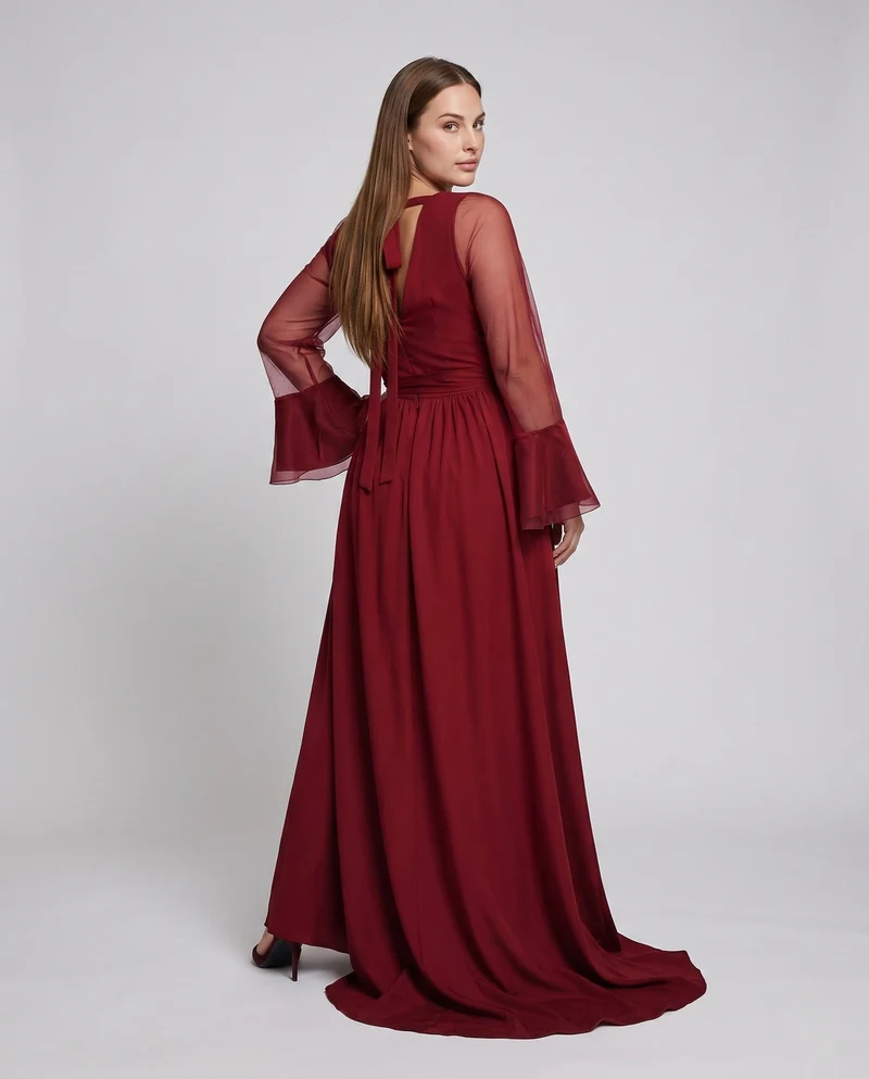 Frauen Elegante Maxikleid mit transparentem Ärmel Design und tiefem V-Ausschnitt Nord Taschen