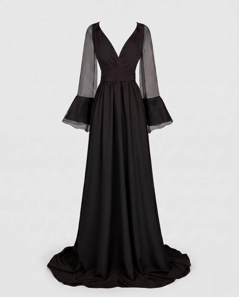 Frauen Elegante Maxikleid mit transparentem Ärmel Design und tiefem V-Ausschnitt Nord Taschen