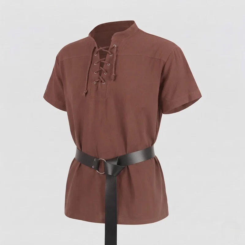 Damen Mittelalterliche Tunika Hemd mit Schnürung und Ledergürtel Nord Taschen