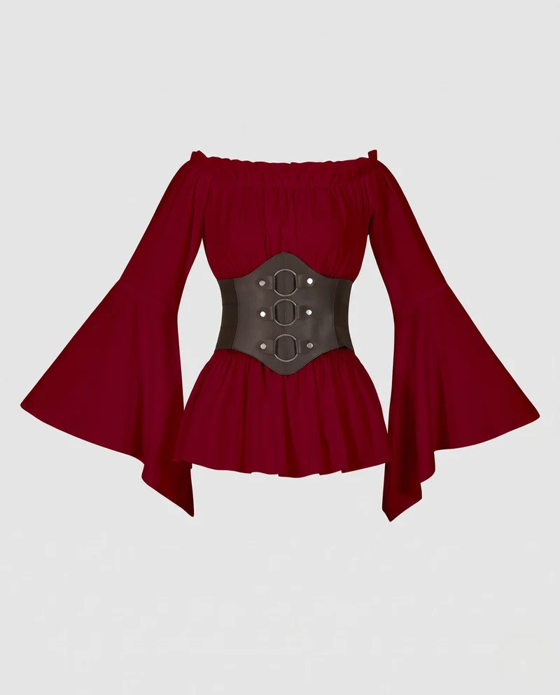 Damen Off-Shoulder Bluse mit Rüschensaum und tailliertem Korsett Kleid