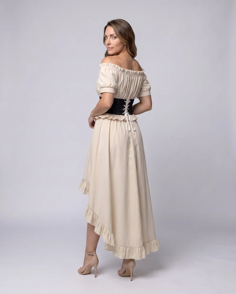 Damen Off-Shoulder Maxi Kleid mit Rüschen und Detail Nord Taschent Schnürbund Nord Taschen