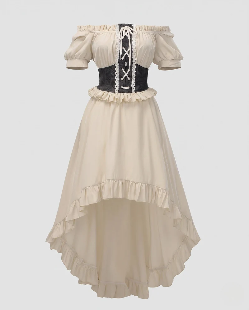 Damen Off-Shoulder Maxi Kleid mit Rüschen und Detail Nord Taschent Schnürbund Nord Taschen