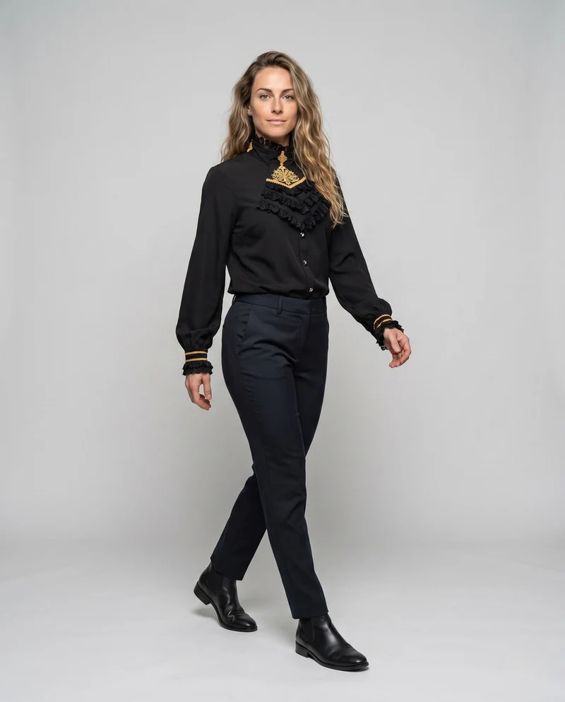 Damen elegante Rüschbluse mit Stehkragen und Knopfleiste Nord Taschen