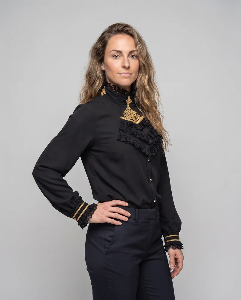 Damen elegante Rüschbluse mit Stehkragen und Knopfleiste Nord Taschen