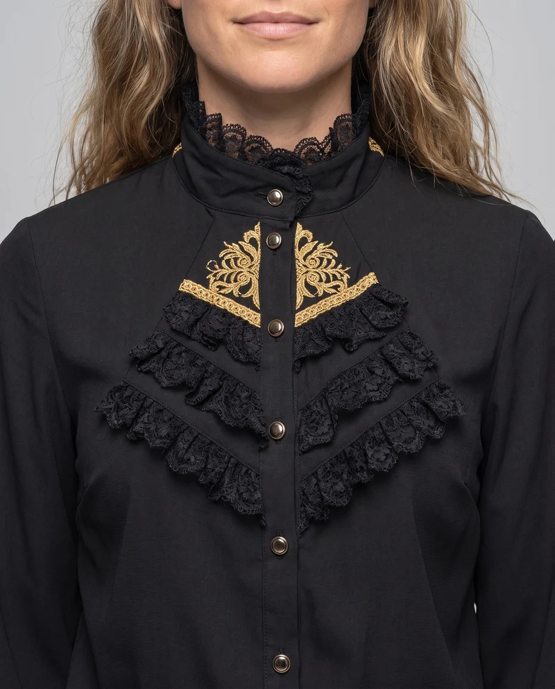 Damen elegante Rüschbluse mit Stehkragen und Knopfleiste Nord Taschen