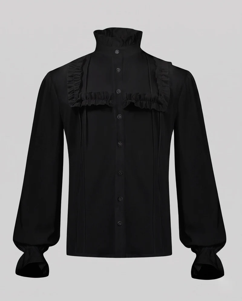 Damen elegante Rüschbluse mit Stehkragen und Knopfleiste Nord Taschen