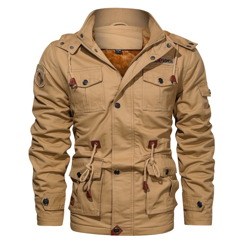 Herren Canvas-Parka im Military-Utility Stil mit Teddyfleece-Futter, Taillenzug und Multifunktions-Taschen Nord Taschen