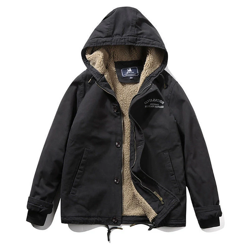 Herren Canvas-Kapuzenjacke mit Sherpa‑Fütterung, verdecktem Zweiwege‑Reißverschluss und Utility‑Details Nord Taschen
