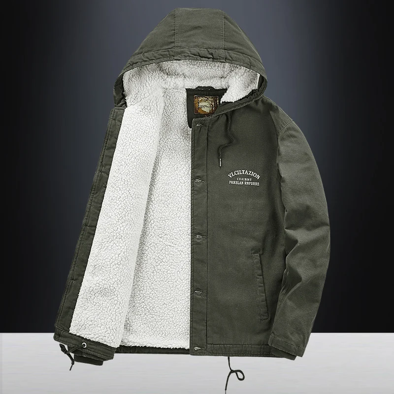 Herren Canvas-Kapuzenjacke mit durchgehendem Teddyfutter, Zwei-Wege-Reißverschluss und Kordzugsaum Nord Taschen