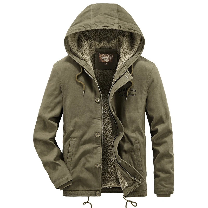 Herren Canvas-Kapuzenjacke mit durchgehendem Teddyfutter, Zwei-Wege-Reißverschluss und Kordzugsaum Nord Taschen