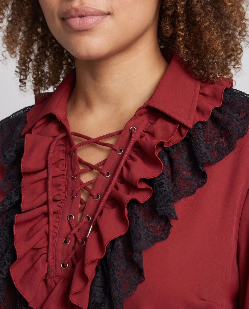 Damen Elegantes Rüschenshirt mit Spitzenbesatz und Schnürung Nord Taschen