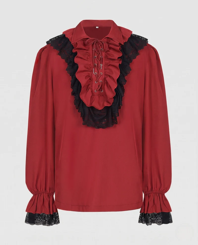 Damen Elegantes Rüschenshirt mit Spitzenbesatz und Schnürung Nord Taschen