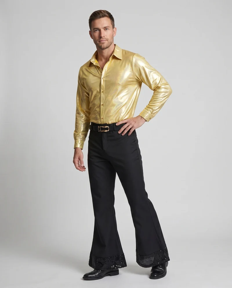 Herren Disco Outfit mit glänzender Bluse und weiten Hosen Nord Taschen