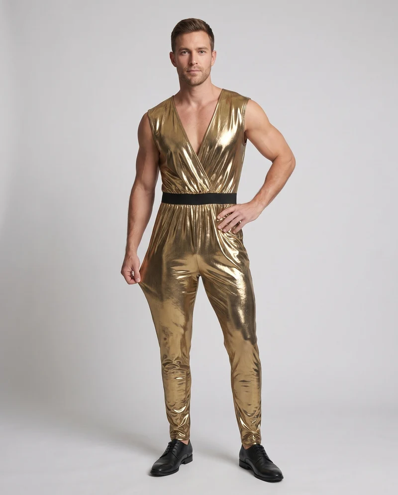 Herren Glänzendes Disco Kostüm aus Metallic Folie mit Breitem Hosenbein Nord Taschen