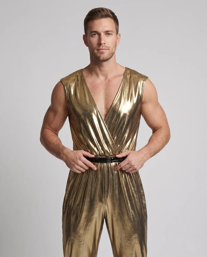 Herren Glänzendes Disco Kostüm aus Metallic Folie mit Breitem Hosenbein Nord Taschen