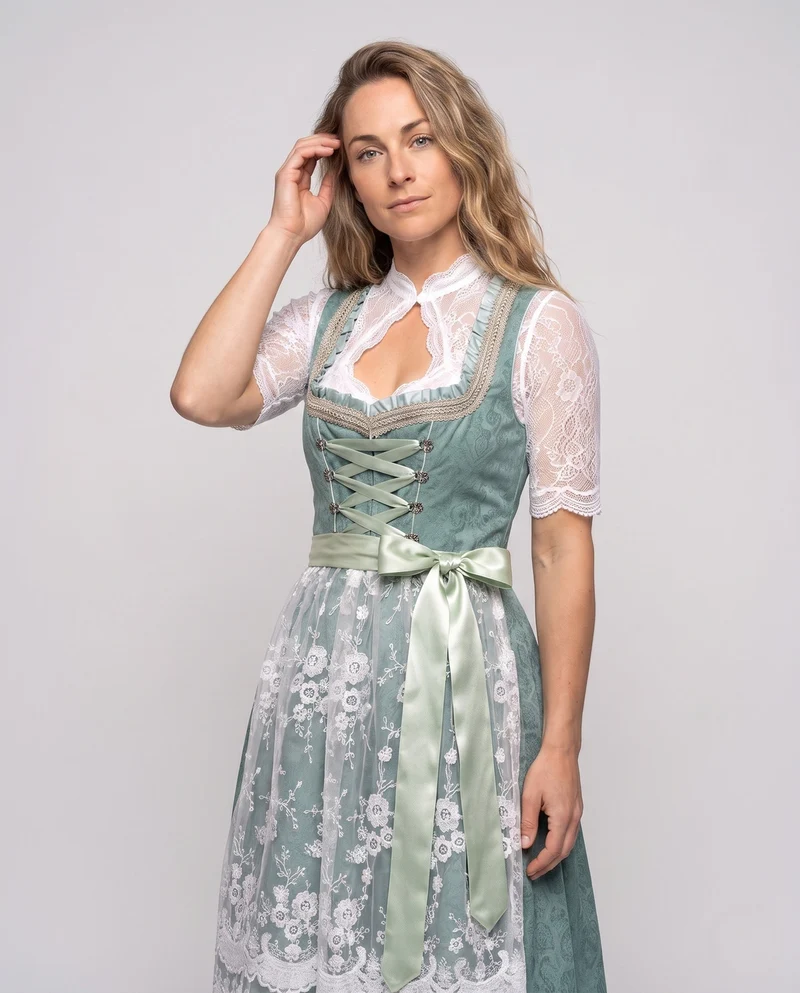 Damen Dirndl Kleid mit eleganter Stickerei und charmantem Taillengürtel Nord Taschen