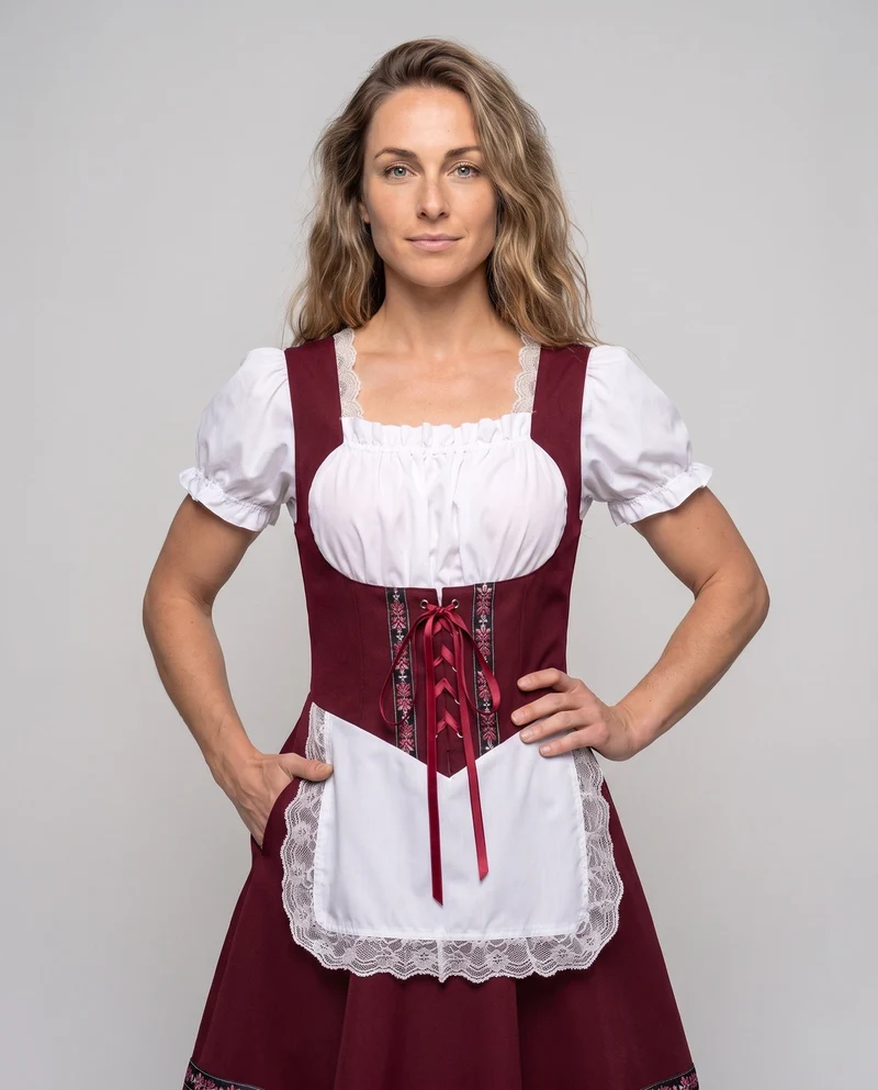 Damen Dirndl Kleid mit feiner Spitze und Satin Gürtel Nord Taschen