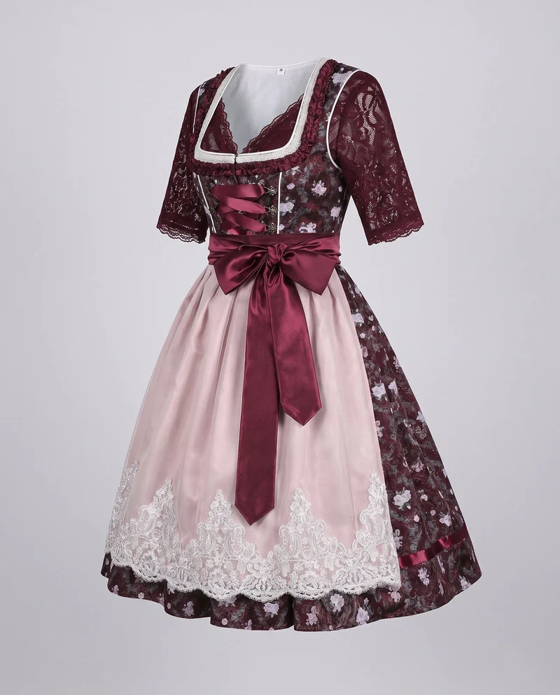 Damen Dirndl Kleid mit feiner Spitze und Satin Gürtel Nord Taschen