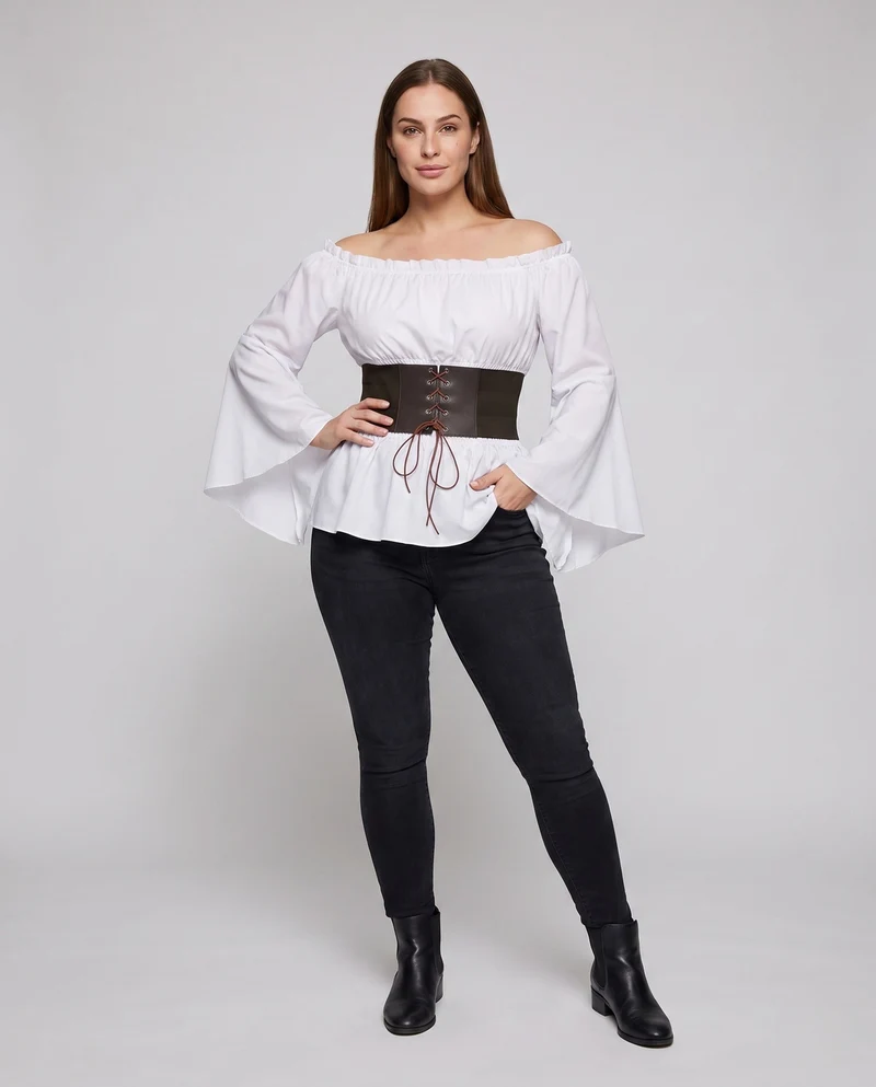 Damen Off-Shoulder Bluse mit weitem Ärmel und stilvollem Taillengürtel Nord Taschen
