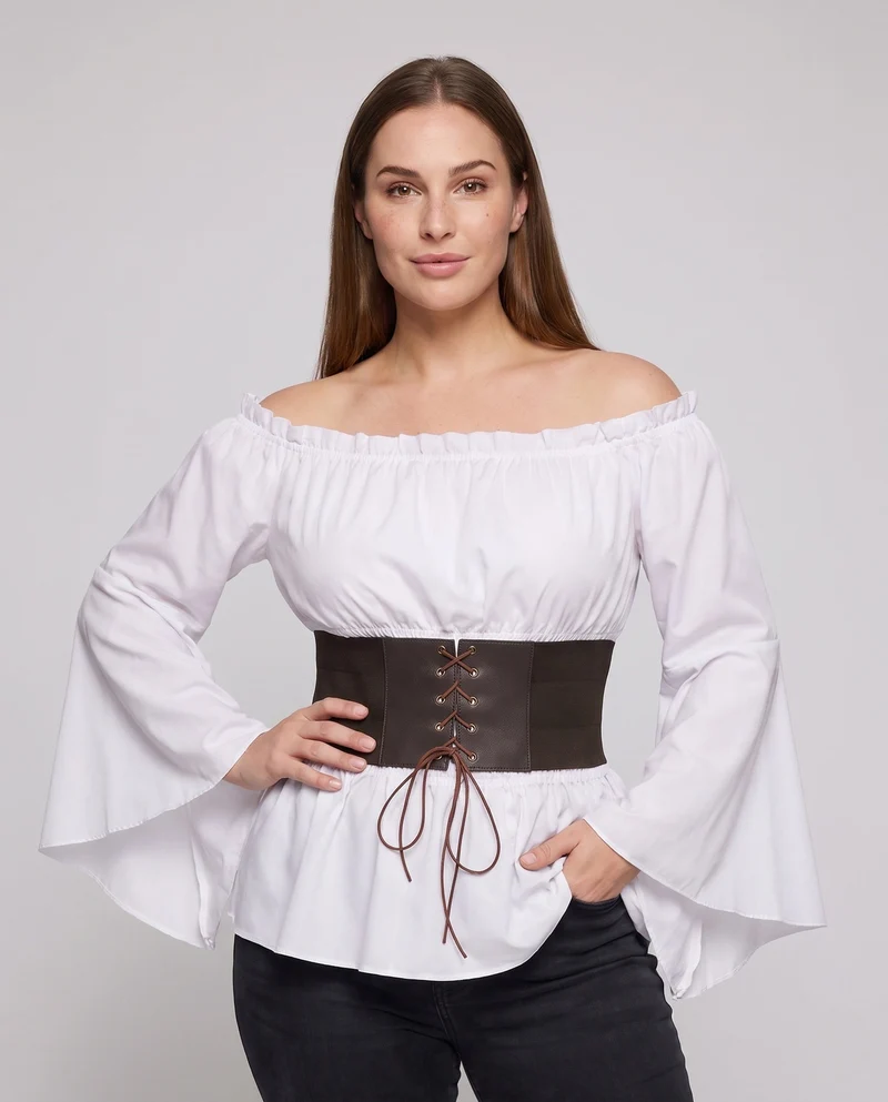 Damen Off-Shoulder Bluse mit weitem Ärmel und stilvollem Taillengürtel Nord Taschen