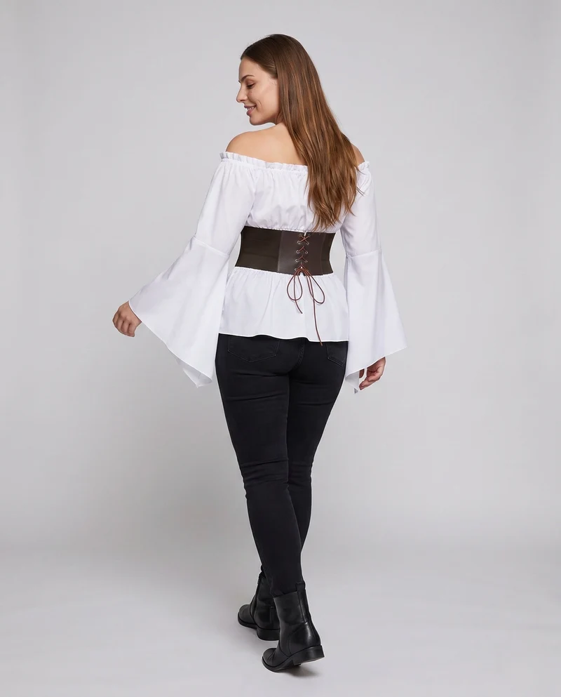 Damen Off-Shoulder Bluse mit weitem Ärmel und stilvollem Taillengürtel Nord Taschen