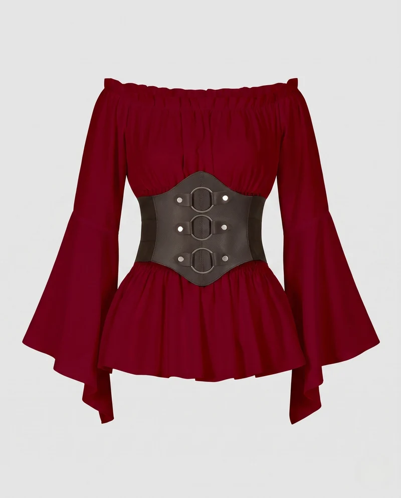 Damen Off-Shoulder Bluse mit weitem Ärmel und stilvollem Taillengürtel Nord Taschen