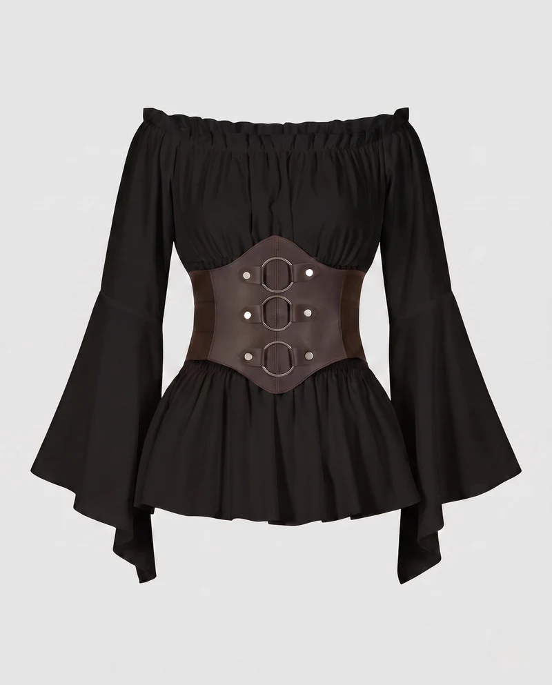 Damen Off-Shoulder Bluse mit weitem Ärmel und stilvollem Taillengürtel Nord Taschen