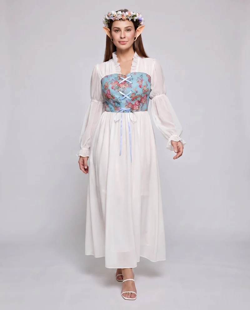 Frauen romantisches Maxikleid mit Rüschen und floralem Muster Nord Taschen
