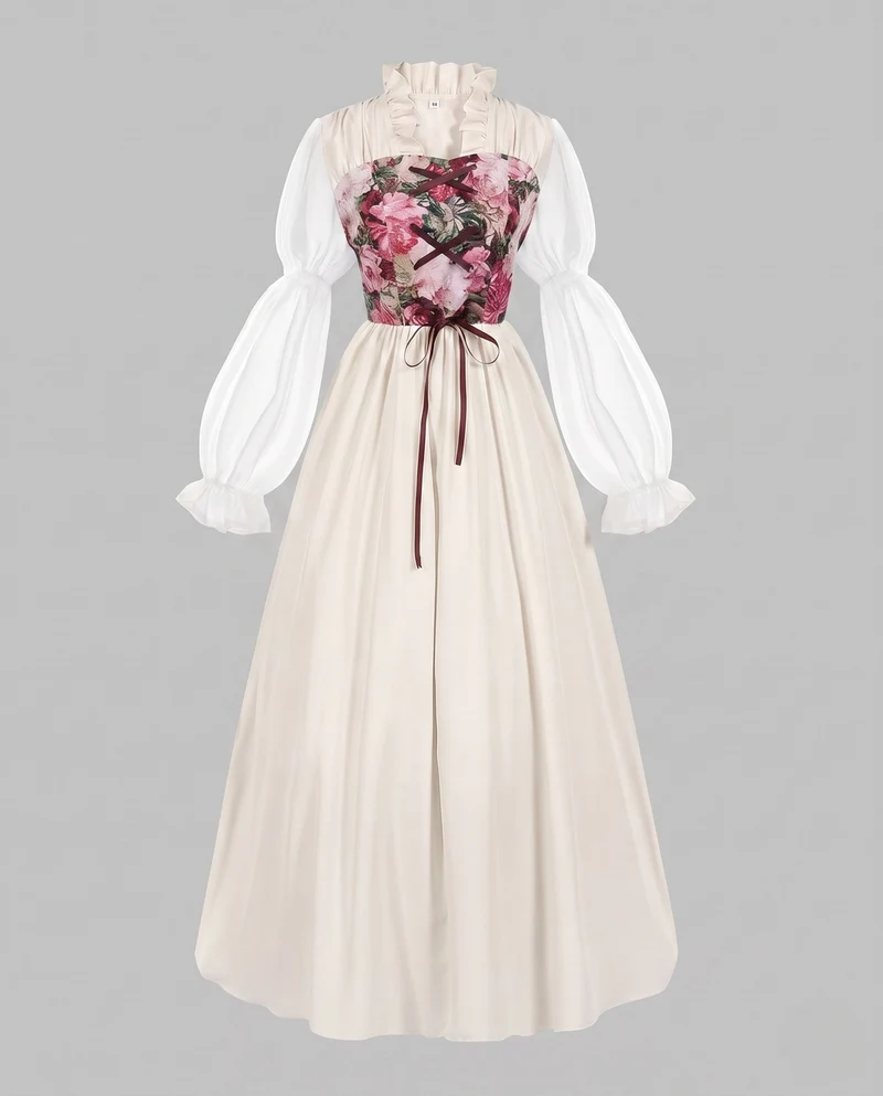Frauen romantisches Maxikleid mit Rüschen und floralem Muster Nord Taschen