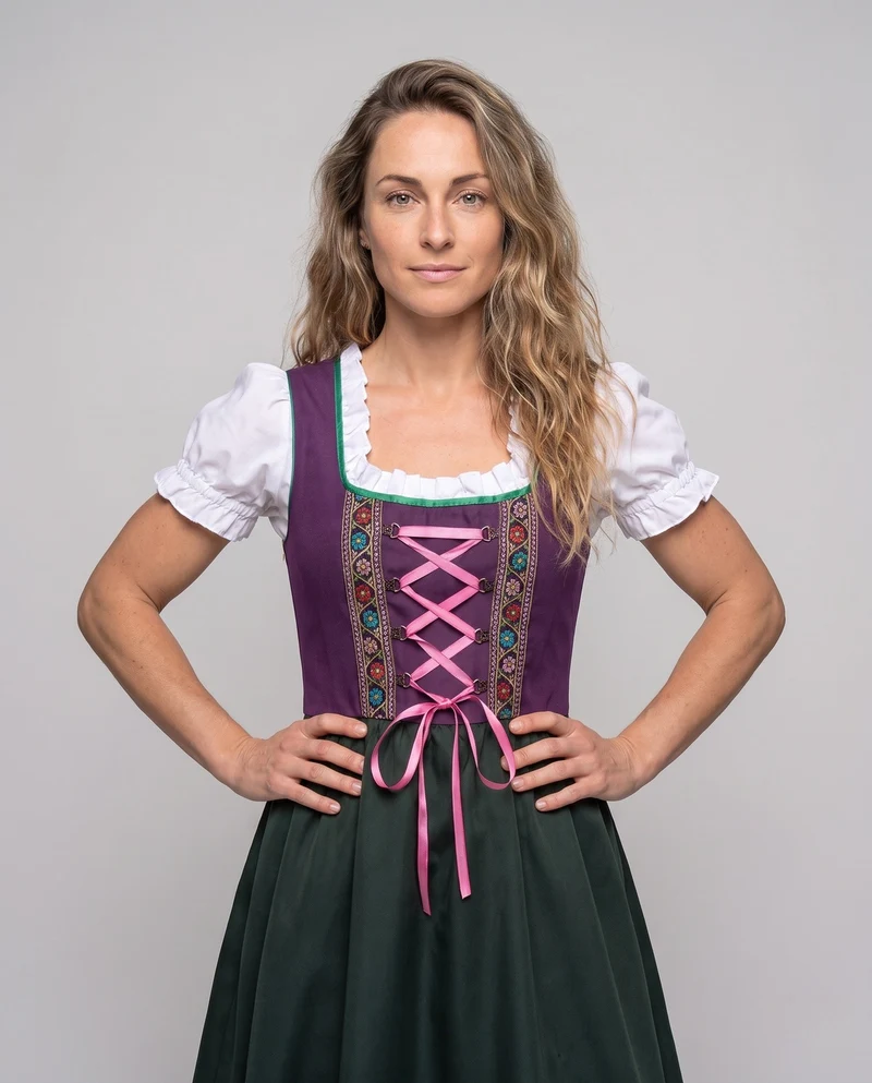 Damen Dirndl Kleid mit floralen Applikationen und Rüschendetails Nord Taschen