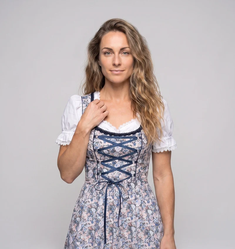 Frauen Dirndl Kleid mit floralem Einsatz und hochwertiger Spitzenverzierung Nord Taschen