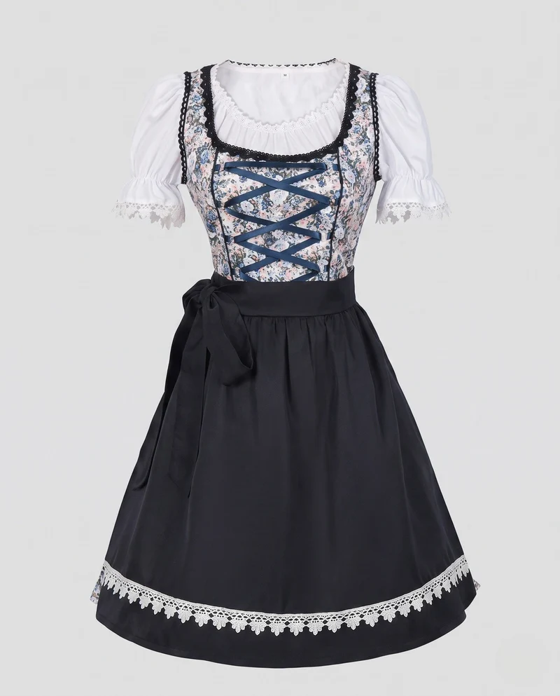 Frauen Dirndl Kleid mit floralem Einsatz und hochwertiger Spitzenverzierung Nord Taschen
