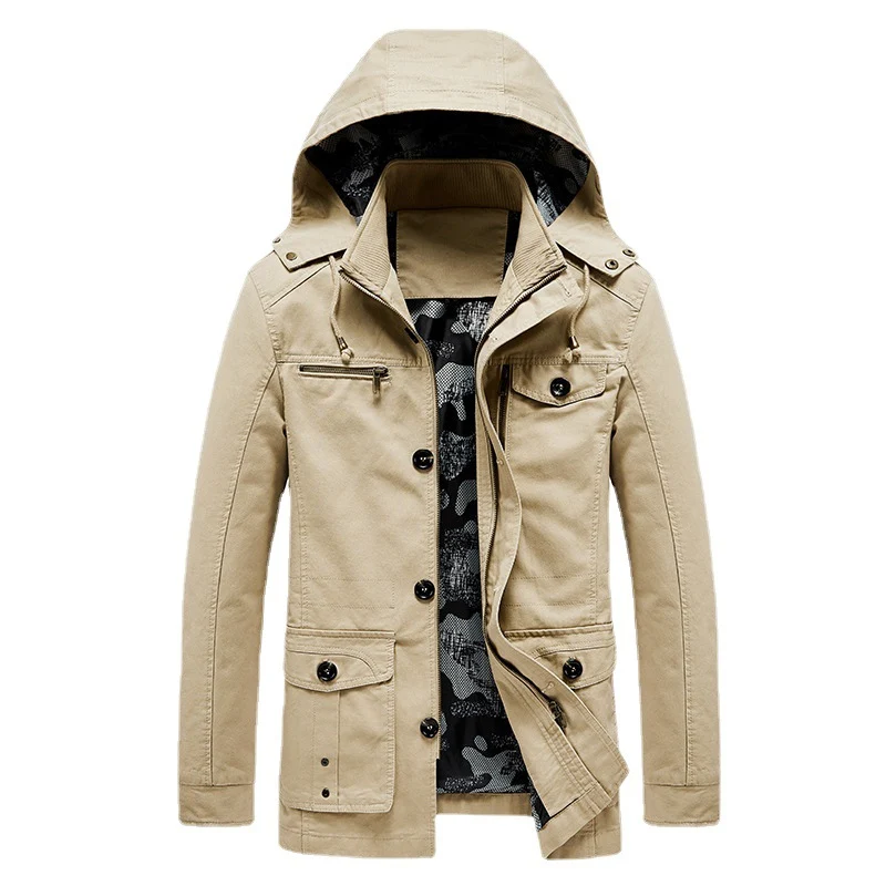 Herren Canvas-Fieldjacke mit Kapuze, multifunktionalen Taschen und Camouflage-Futter Nord Taschen