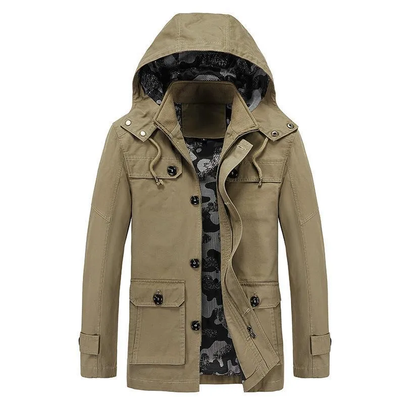 Herren Canvas-Fieldjacke mit Kapuze, multifunktionalen Taschen und Camouflage-Futter Nord Taschen