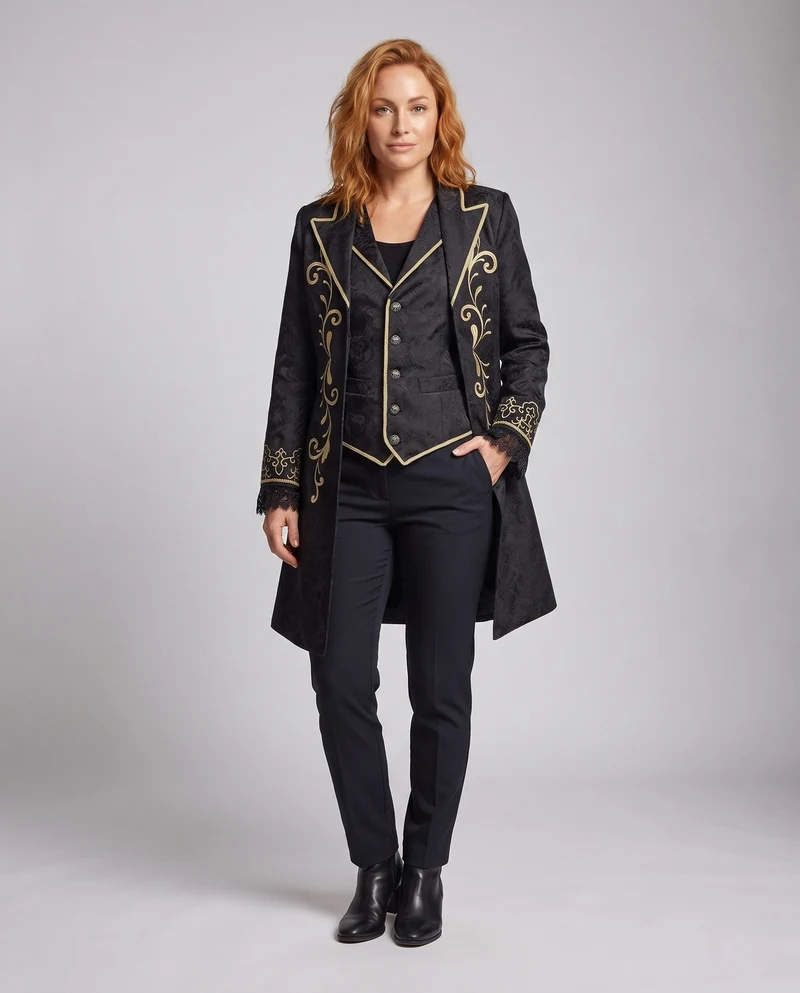 Damen eleganter Brokatmantel mit aufwendigen Verzierungen und tiefem Revers Nord Taschen
