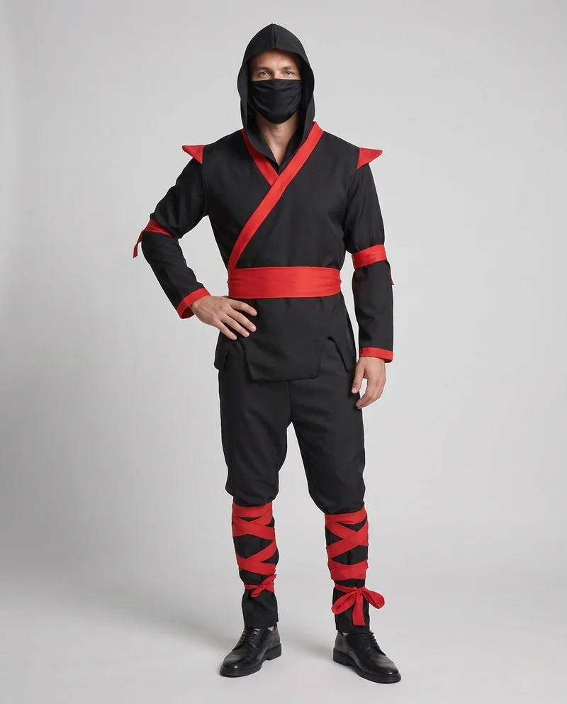 Männer Ninja Kostüm mit Kapuze und verzierten Riemen Nord Taschen