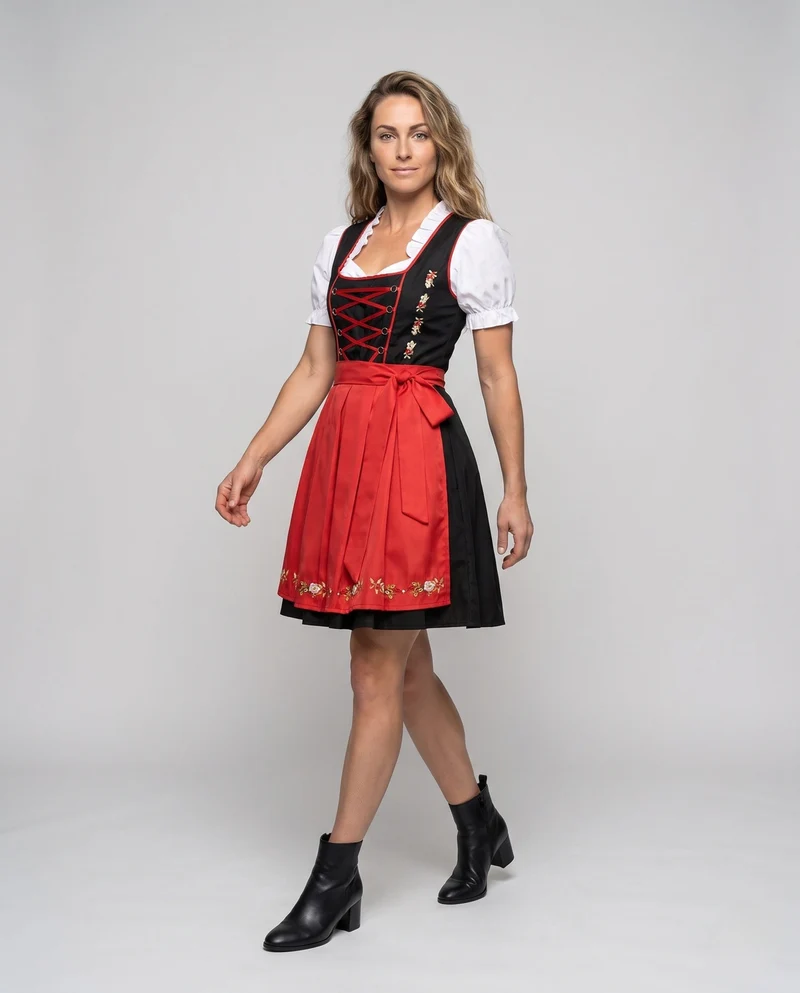 Damen Dirndl Set mit aufwendigen Schnürungen und floralen Verzierungen Nord Taschen