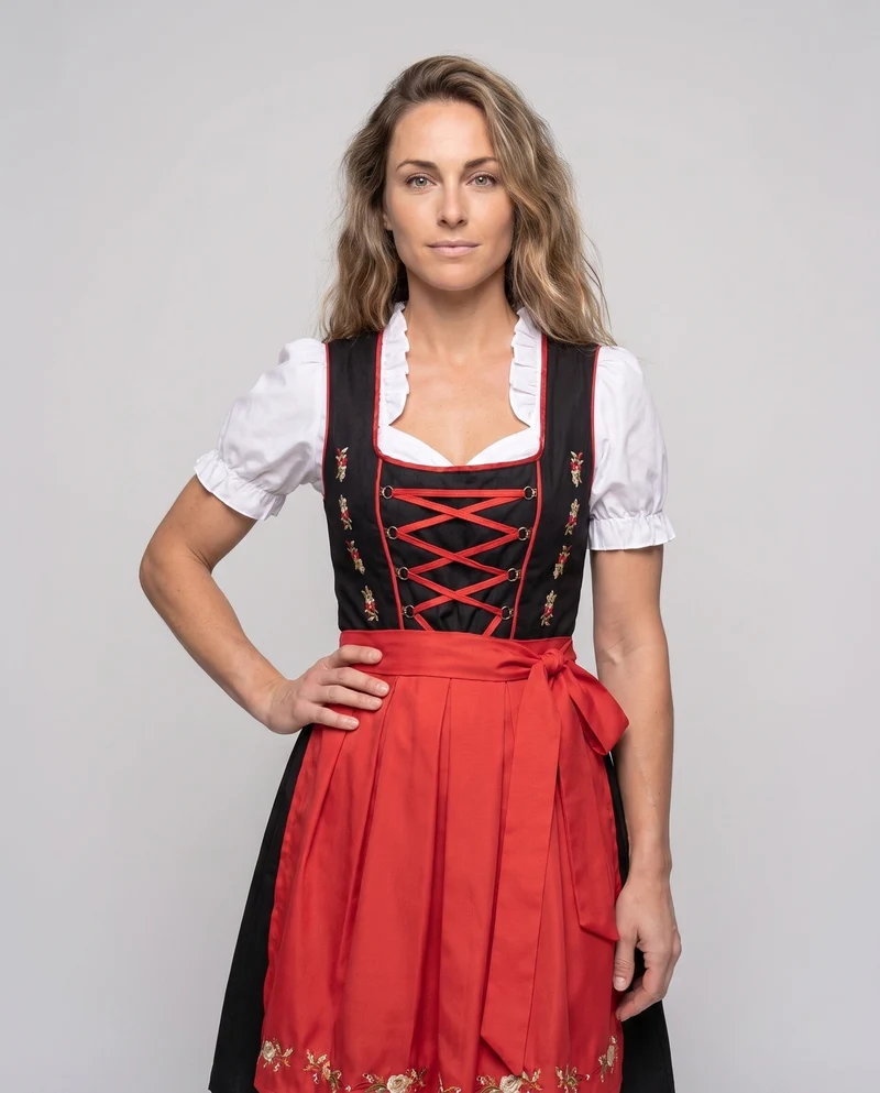 Damen Dirndl Set mit aufwendigen Schnürungen und floralen Verzierungen Nord Taschen