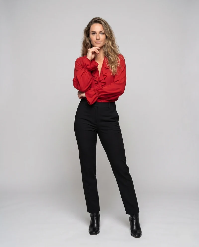 Damen elegante Bluse mit Rüschen und hochtaillierten Hosen Nord Taschen