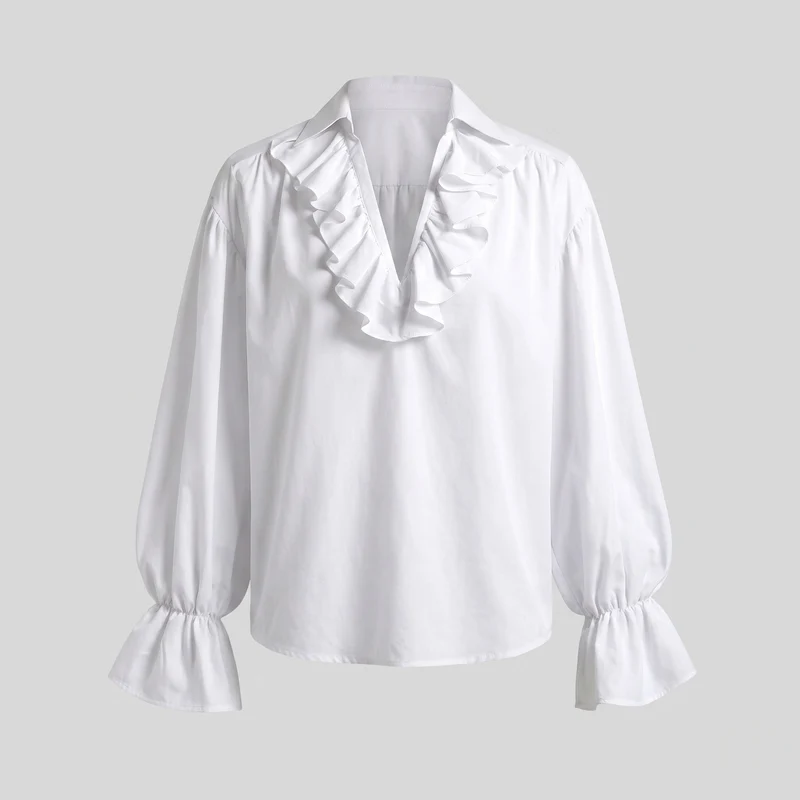 Damen elegante Bluse mit Rüschen und hochtaillierten Hosen Nord Taschen