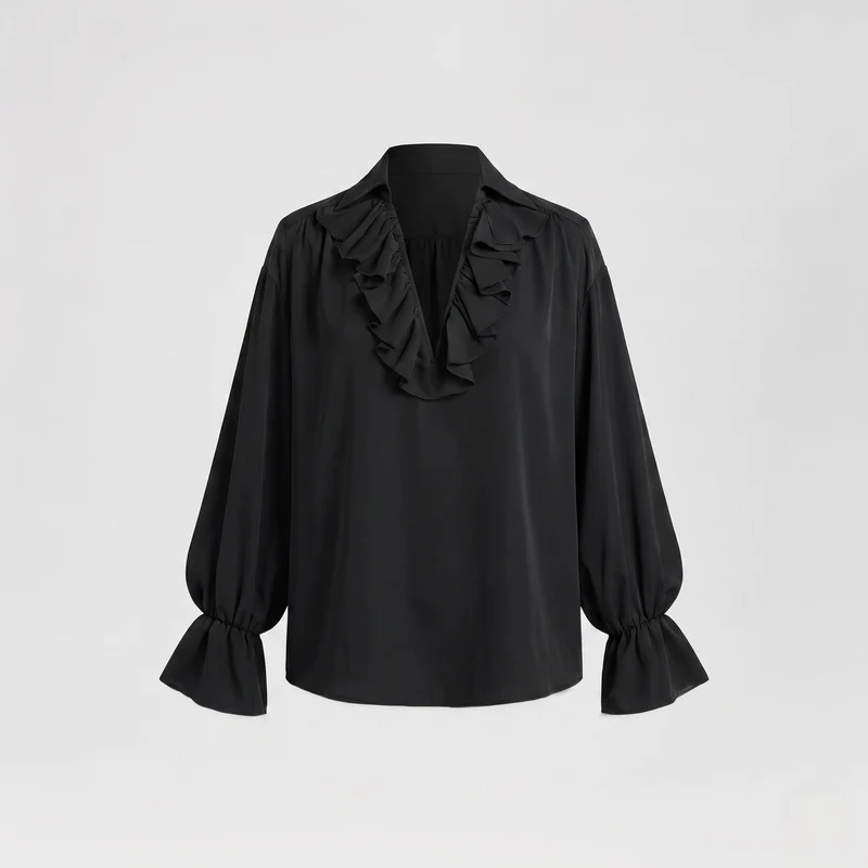 Damen elegante Bluse mit Rüschen und hochtaillierten Hosen Nord Taschen